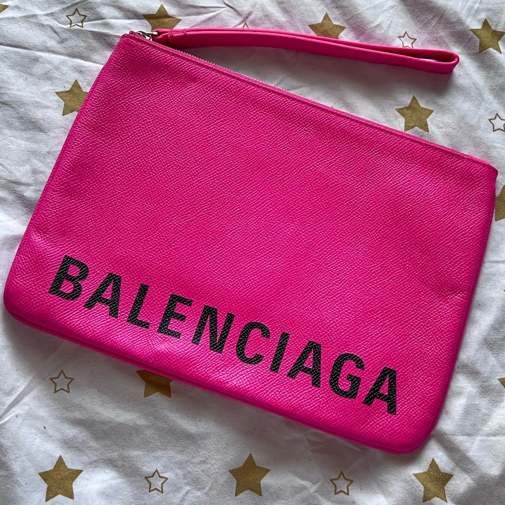 ($550 on FashionPhile!!!)  Balenciaga Calfskin Logo Zip Pouch Pink *NEVER USED”